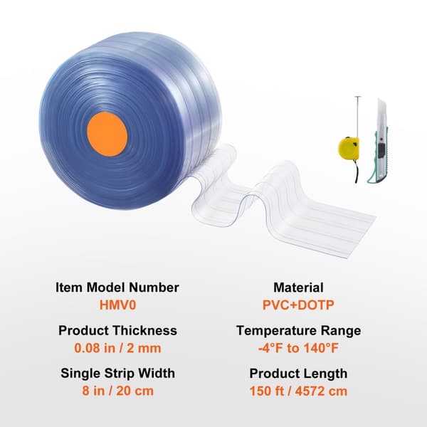 Stripgardin i PVC til dør, ribbet, 150'x8", rullekøler, fryserplast
