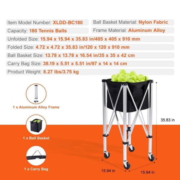 Tennisboldvogn med hjul, 180 bolde, hopper basket, undervisning, mobil tennisboldtransportør