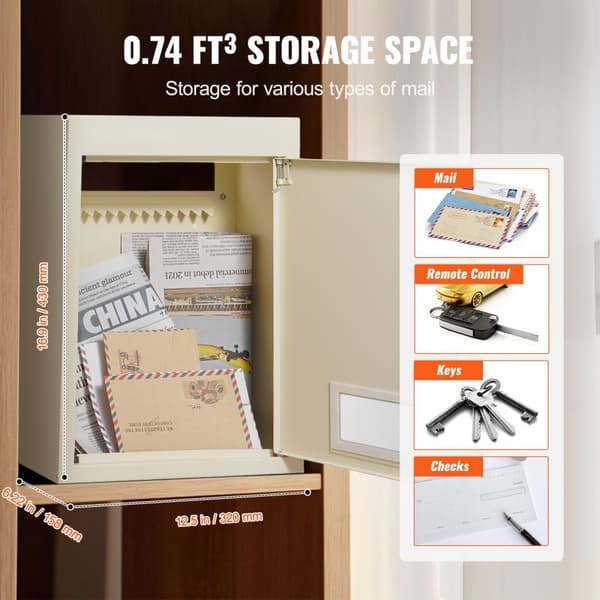 Vægmonteret Drop Box 12,5x6,3x16,9" postkasse med kodelås, beige, sikkerhedsopbevaring