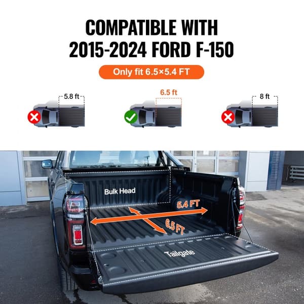 Tri-Fold Tonneau Cover til 2015-2024 Ford F-150, Truck Bed Cover med LED-lys, Vandtæt, Mulighed for Hurtig Monteringssystem