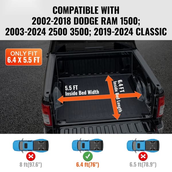 Truck Bed Cover, Rulle Tonneau Cover, Kompatibel med Dodge Ram 1500 (2002-2018), 2500 3500 (2003-2024), Classic (2019-2024), til 6,4' seng