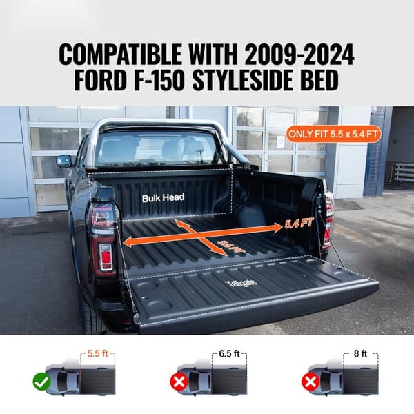 Roll-up Truck Bed Tonneau Cover, kompatibel med 2009-2024 Ford F-150 Styleside, til 5,5 x 5,4 ft seng, blødt, vandtæt, nem installation