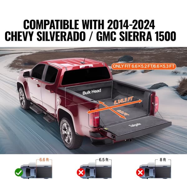 Truck Bed Cover, Rul-Op Tonneau Dække, Kompatibel med 2014-2024 Chevy Silverado / GMC Sierra 1500, til 6,6 x 5,2 fod / 6,6 x 5,3 fod