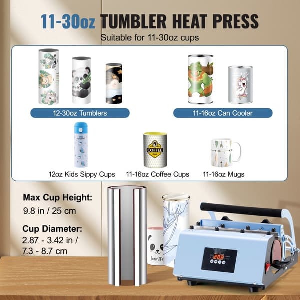 Varmepræser til krus 11-30oz, sublimation, blå kruspresse, effektiv varmeoverførsel, digital kontrol