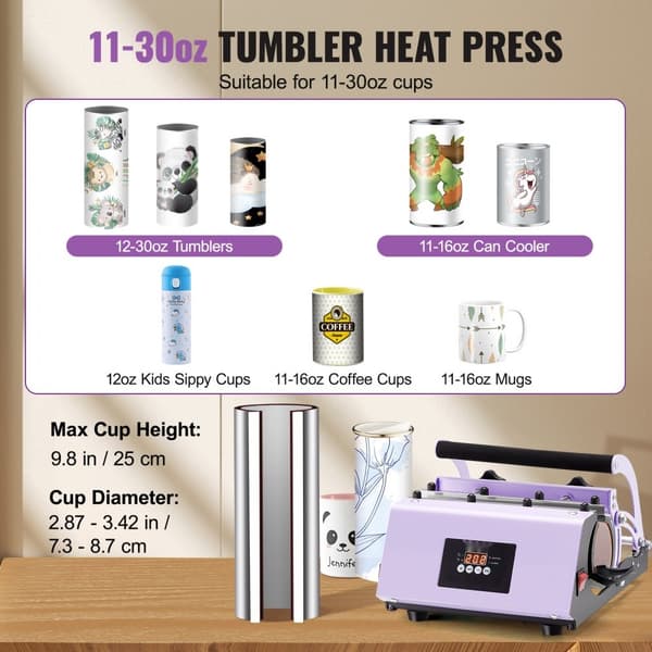 Juomalasilämpöpuristin 11-30oz, Mukipuristin, Sublimaatiojuomarit, Purppura, Nopea lämmitys, Digitaalinen lämpötilansäätö