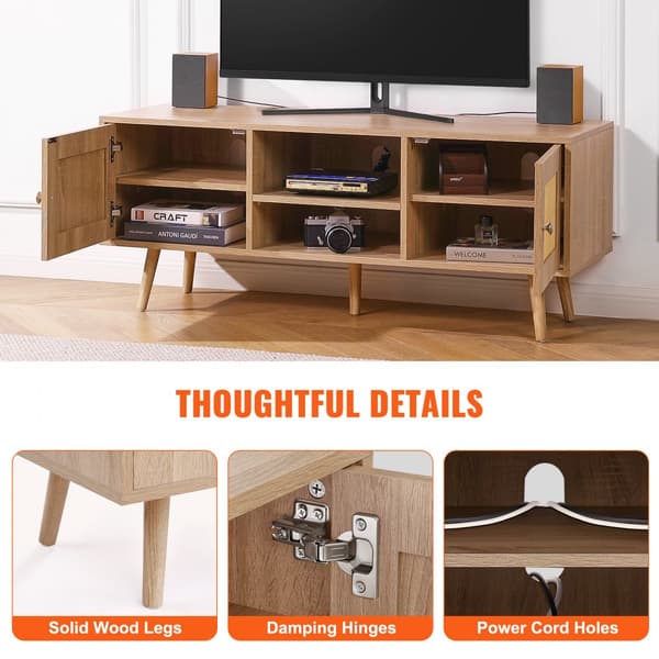 Rattan TV-stander 55 tommer, Boho TV-skab, Mid Century Modern TV Stand, Rattan TV-konsol med justerbare hylder, Medierum, elegant og funktionel