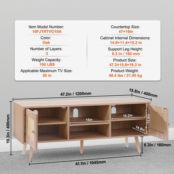 Rattan TV-stander 55 tommer, Boho TV-skab, Mid Century Modern TV Stand, Rattan TV-konsol med justerbare hylder, Medierum, elegant og funktionel