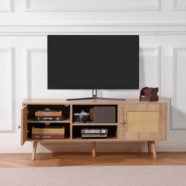 Rattan TV-stander 55 tommer, Boho TV-skab, Mid Century Modern TV Stand, Rattan TV-konsol med justerbare hylder, Medierum, elegant og funktionel