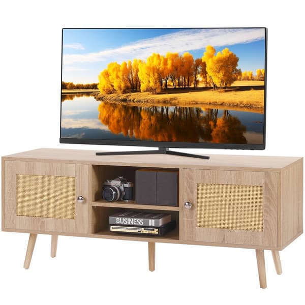 Rattan TV-stander 55 tommer, Boho TV-skab, Mid Century Modern TV Stand, Rattan TV-konsol med justerbare hylder, Medierum, elegant og funktionel