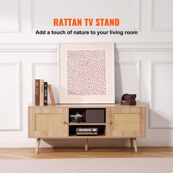 Rattan TV-stander 55 tommer, Boho TV-skab, Mid Century Modern TV Stand, Rattan TV-konsol med justerbare hylder, Medierum, elegant og funktionel