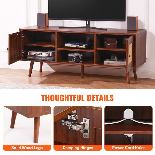 Rattan TV Stativ, Boho TV Skab til 55 Tommer TV, Mid Century Modern TV Stand, Rattan TV Console med Justerbare Hylder til Stuen, Medierum