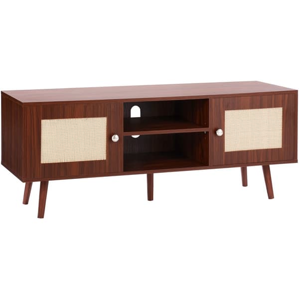 Rattan TV Stativ, Boho TV Skab til 55 Tommer TV, Mid Century Modern TV Stand, Rattan TV Console med Justerbare Hylder til Stuen, Medierum