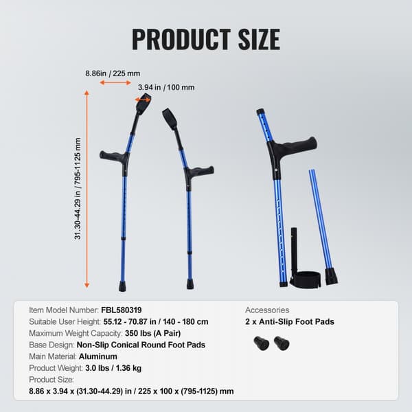 Underarmskryckor Gåkryckor i aluminium, justerbar höjd, ergonomiska manschetter, hög kvalitet, lätt och hållbar