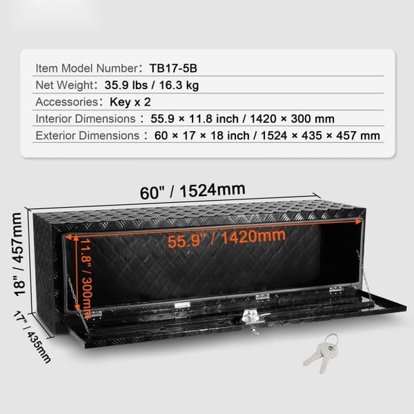 Undervogn aluminium lastbil værktøjskasse 60"x17"x18", trailer RV værktøjsopbevaring, holdbart design, vandtæt beskyttelse