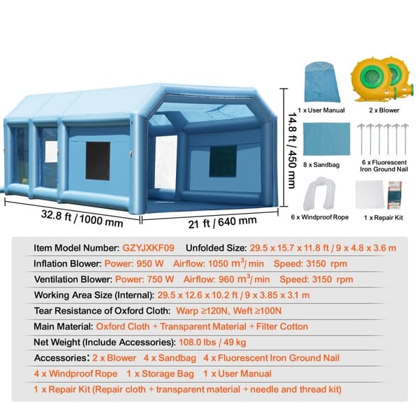 Uppblåsbar Lackbox 32,8 x 21 x 14,8 Fot, Sprutbox med 1100W+750W Blåsare, Luftfiltersystem, Bärbar Billackbox