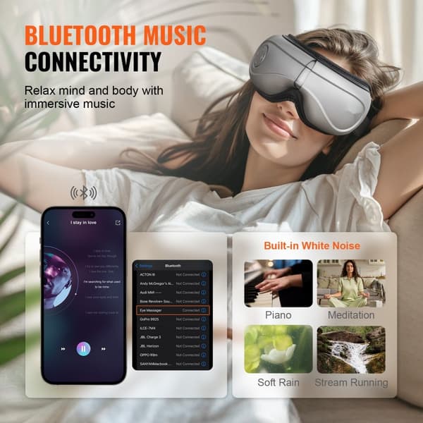 Opvarmet Øjenmassager, 5 Tilstande, Bluetooth Musik, 180° Foldbar, Øjenplejeenhed, Afslapning og Velvære