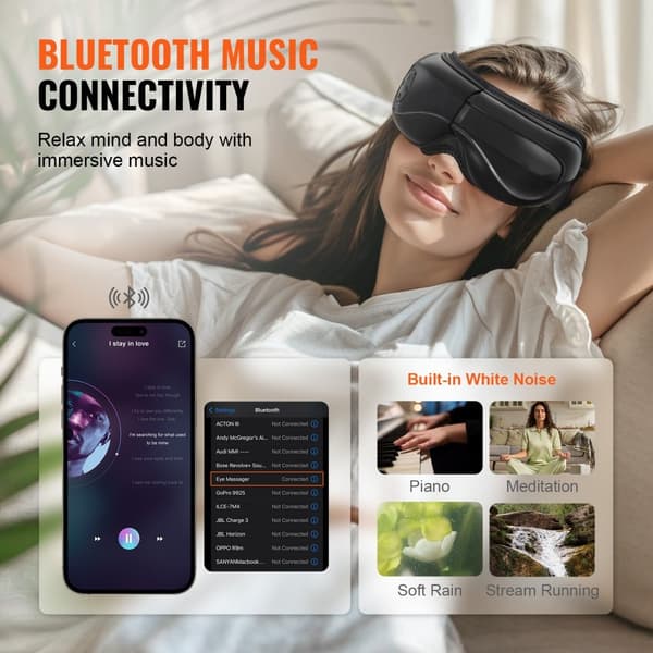 Opvarmet Øjenmassageapparat, 5 Indstillinger, Bluetooth Musik, 180° Foldbar, Øjenpleje