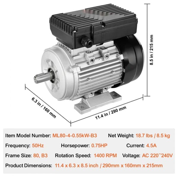 0,55 kW sähkömoottori, 1400 rpm, AC 220 ~ 240 V, 4,5 A, 1-vaiheinen, 19 mm avainakseli, energiatehokas sähkönkäyttö