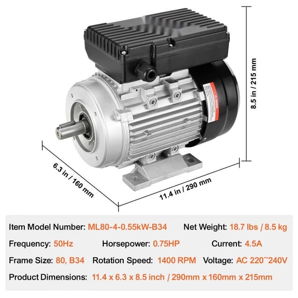 0,55 kW sähkömoottori, 1400 rpm, AC 220-240 V, 4,5 A, 1-vaiheinen, 19 mm avainakseli, tehokas ja turvallinen käyttö