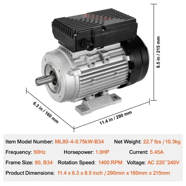 0,75 kW sähkömoottori 1400 rpm, AC 220-240 V, 5,45 A, 1-vaiheinen, 19 mm avainakseli, tehokas ja kompakti ratkaisu