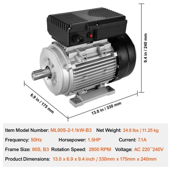 1,1KW elmotor, 2800 varv/min, AC 220~240V, 7,1A, 1-fas, 24 mm kilaxel, hög prestanda