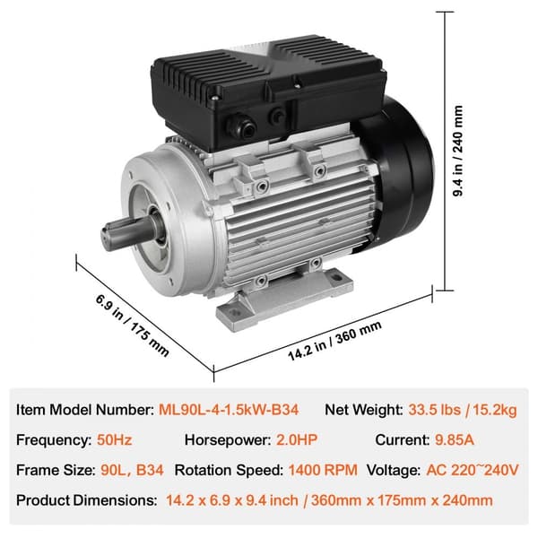 1,5KW Elmotor 1400RPM AC 220~240V 9,85A 1-faset 24mm Nøgleaksel, høj effektivitet, kompakt design, industrikvalitet