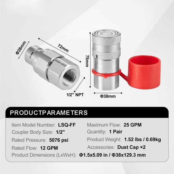 Hydrauliske koblinger 1/2" flad ansigt, 1/2" NPT, Skid Steer, 2 støvhætter, høj kvalitet
