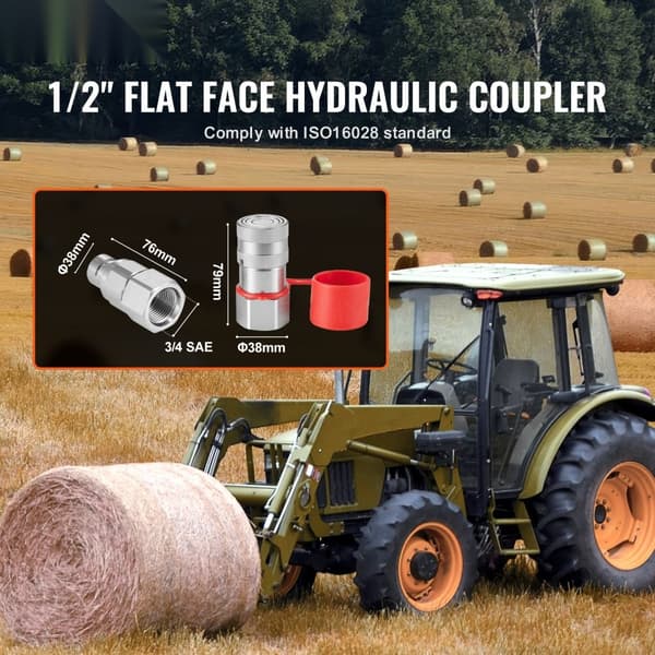 Hydrauliske koblinger 1/2" flad ansigt, 1/2" NPT, Skid Steer, 2 støvhætter, høj kvalitet