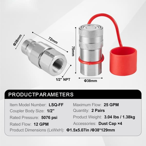 1/2" litteät hydrauliset liittimet, 1/2" NPT liukuohjatut liittimet, 4 pölysuojaa, kestävä ja tehokas ratkaisu