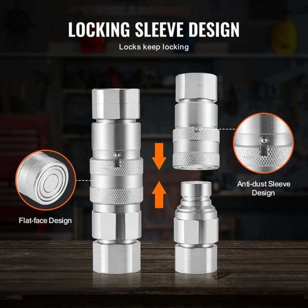 Flade ansigt hydrauliske koblinger 1/2", 3/4" SAE, Skid Steer koblinger, 2 støvhætter, holdbare og pålidelige