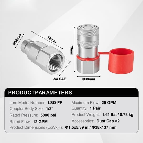 Flade ansigt hydrauliske koblinger 1/2", 3/4" SAE, Skid Steer koblinger, 2 støvhætter, holdbare og pålidelige