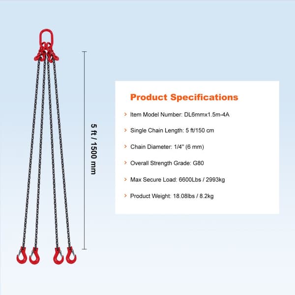 Kædeslynge 1/4" x 5", 4 ben G80-løftekæde, gribekroge, 6600 lbs løftekapacitet