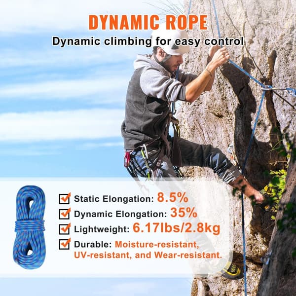 Dynaaminen kiipeilyköysi 10,2 mm, 40 m (131 ft), ulkokäyttöön, sininen, kalliokiipeilyyn, kestävä ja joustava