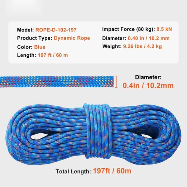 Dynamiskt klätterrep 10,2 mm, 60M (197 fot), blått klätterrep för utomhusbruk