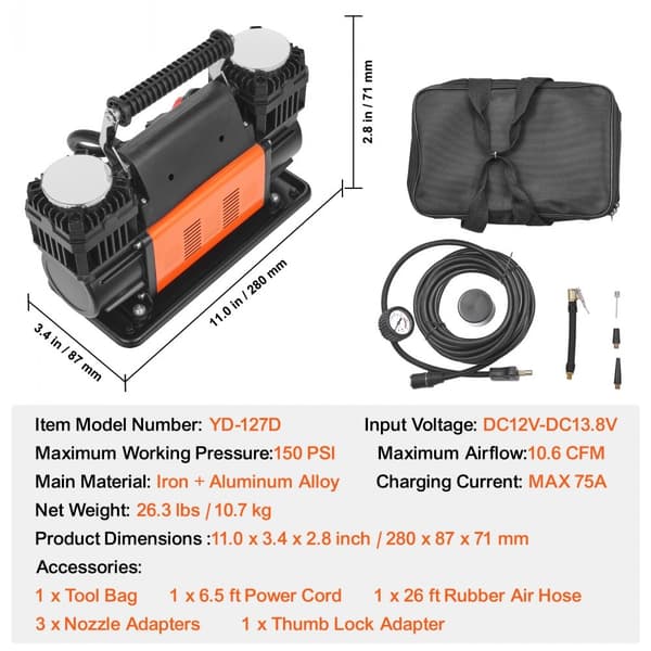 Kannettava 10.6CFM renkaan täyttöilmakompressori, kaksisylinterinen, 12V, 150PSI, tehokas ja nopea täyttö