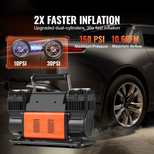 Kannettava 10.6CFM renkaan täyttöilmakompressori, kaksisylinterinen, 12V, 150PSI, tehokas ja nopea täyttö
