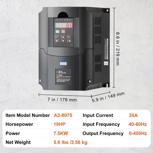 10HK VFD 3-faset 0-400Hz konverter, 7,5KW, 35Amp 220V indgang og udgang