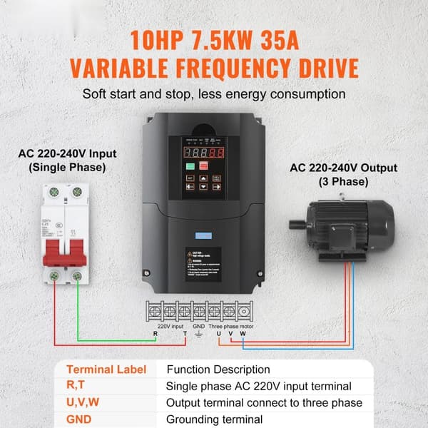 10HK VFD 3-faset 0-400Hz konverter, 7,5KW, 35Amp 220V indgang og udgang