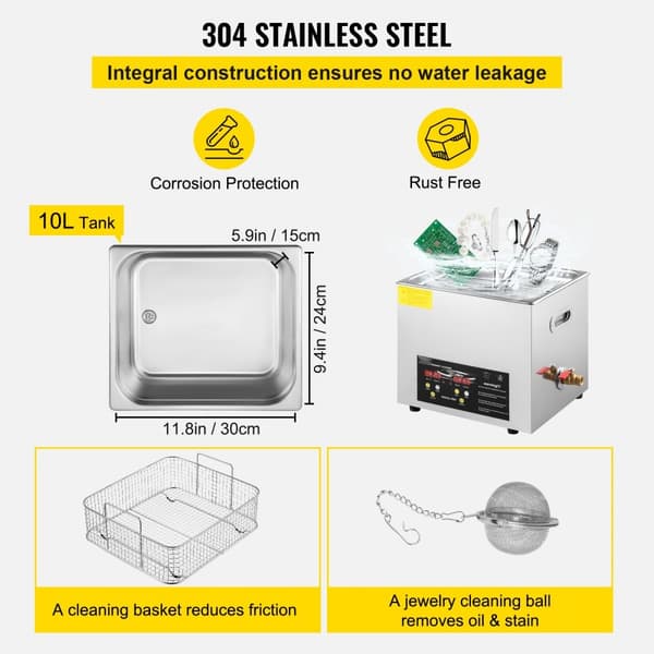 10L digital ultrasonisk renser, opvarmning, timer, smykker, glasrensning