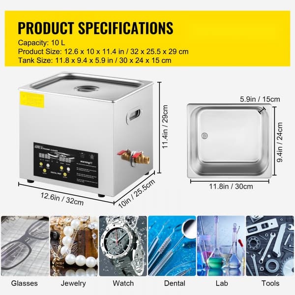 10L digital ultrasonisk renser, opvarmning, timer, smykker, glasrensning