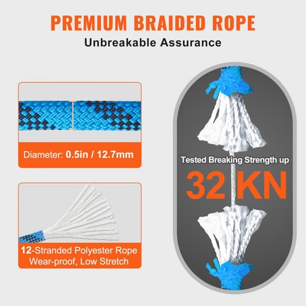 Statisk klatrereb 12,7 mm, 60,9 m (200 fod), udendørs klatrereb, holdbart, blåt
