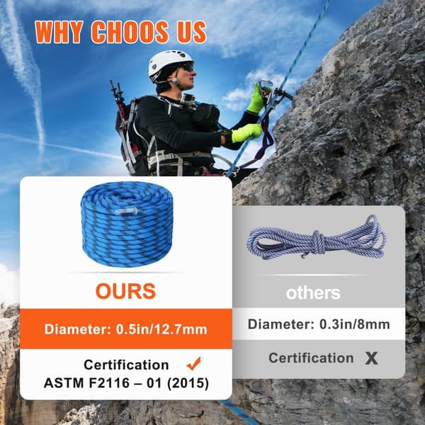 Statisk klatrereb 12,7 mm, 60,9 m (200 fod), udendørs klatrereb, holdbart, blåt