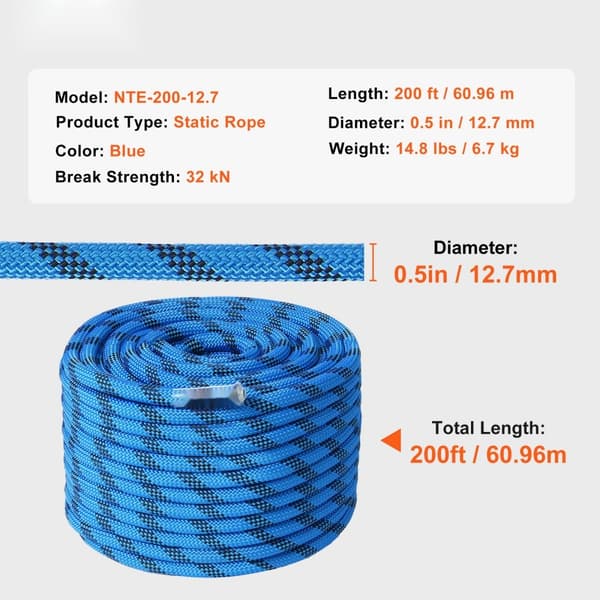 Statisk klatrereb 12,7 mm, 60,9 m (200 fod), udendørs klatrereb, holdbart, blåt