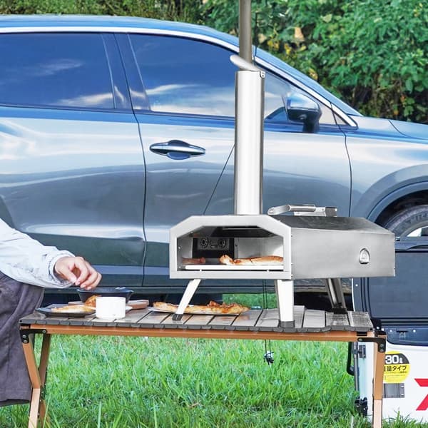 Bärbar utomhuspizzaugn 12", rostfri stålpizzaugn för träpellets, snabb uppvärmning, perfekt för camping