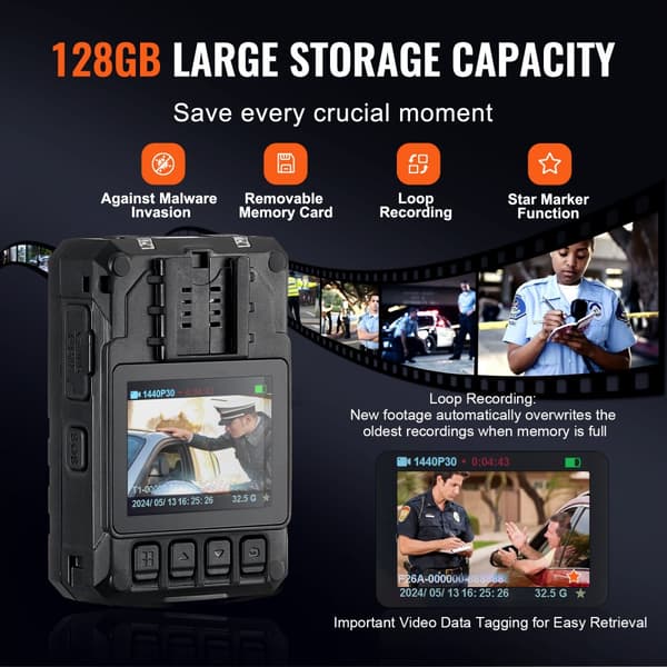 1440P Poliisin Kehon Kamera 128G Kehokamera 3500 mAh Akku Yönäkö GPS