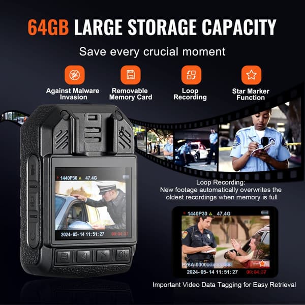 1440P Politiets Kroppkamera, 64G Body Cam, 2850 mAh Batteri, Nattesyn, HD Optagelse