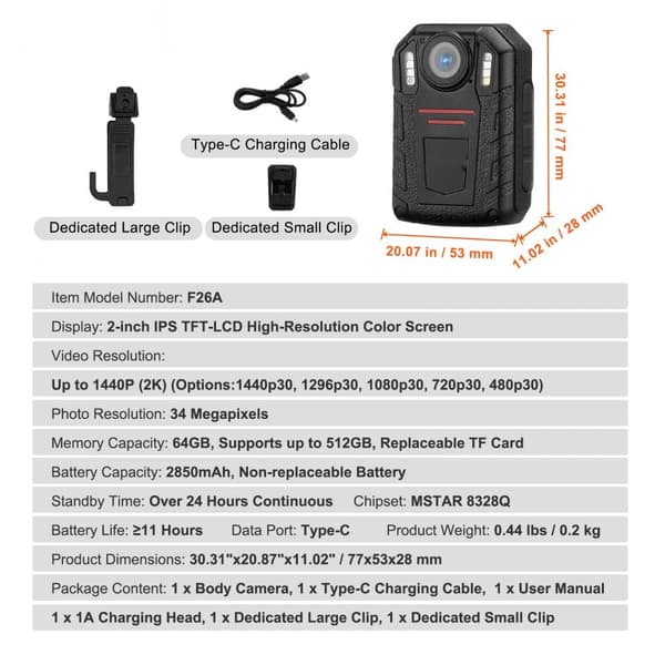 1440P Politiets Kroppkamera, 64G Body Cam, 2850 mAh Batteri, Nattesyn, HD Optagelse
