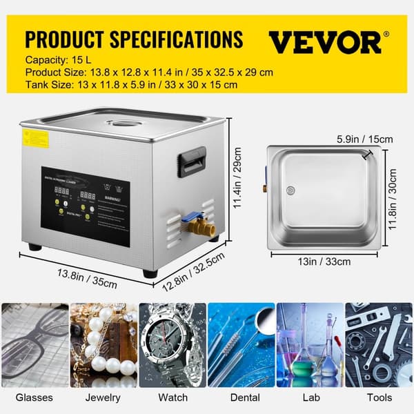 15L Digital Ultrasonic Rengöring, Värme, Timer, 600W, 40KHz, Rengöringsmaskin