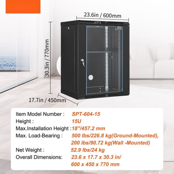 15U vægmonteret netværksserver rack kabinet, 18'' glasdør med lås, holdbar og funktionel opbevaring