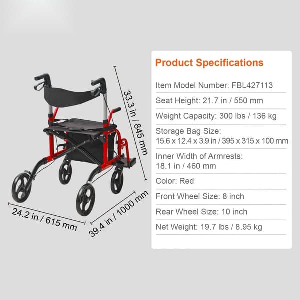 Rollator 2-i-1, Folde Transportstol til seniorer, Letvægts Aluminium Kørestol, Fodstøtter, Praktisk Rullende Gåer